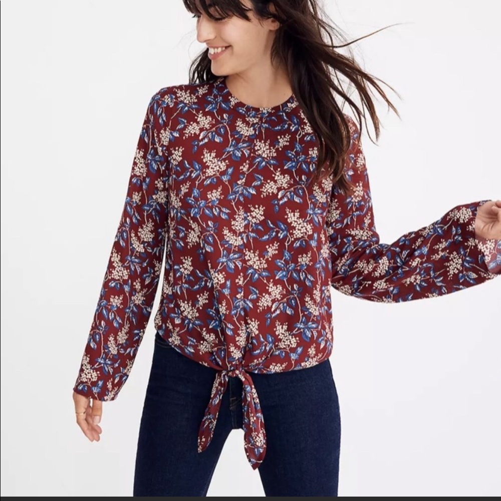 Madewell Front Tie Maroon and Blue Floral Top